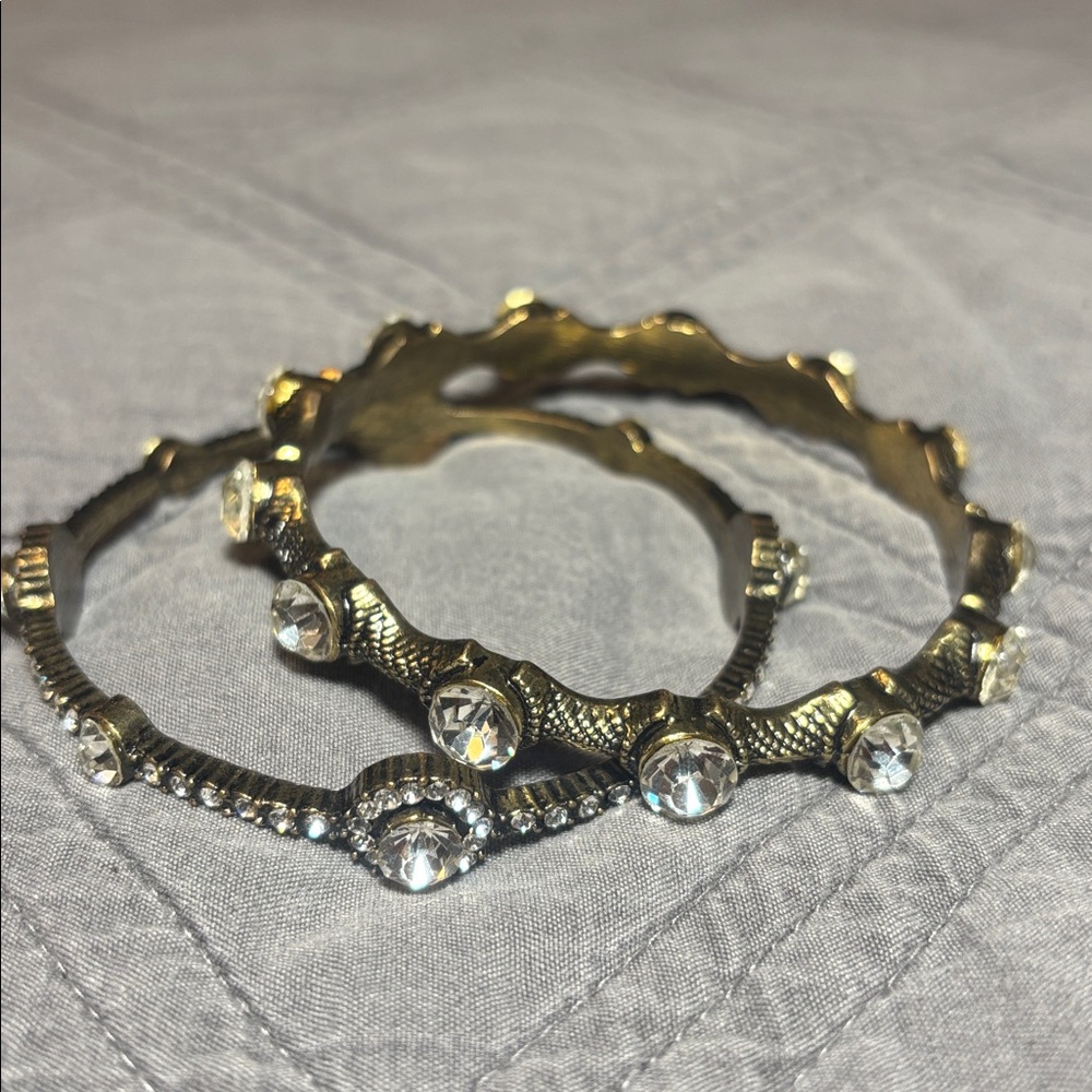 Set (2) Gold and Silver Crystal Bangles heavy brass bold glamorous baddie stack